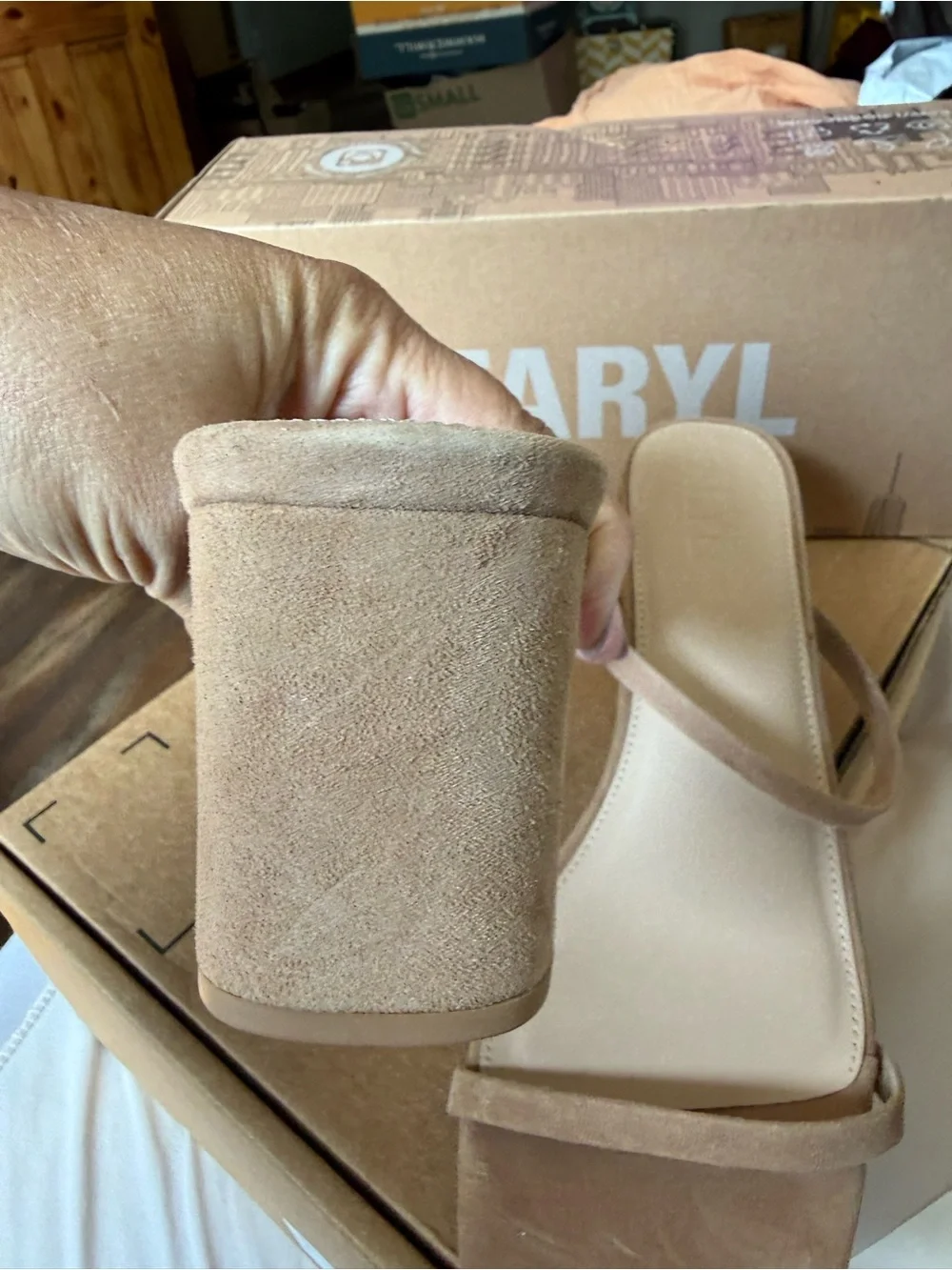 Faryl Beige Suede Strappy Square-Toe Low Heel Sandals
